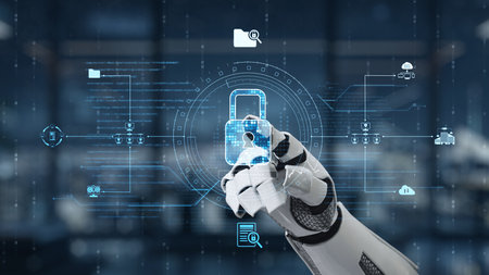 A robotic hand holds a digital padlock, symbolizing cyber security. The background features data visualization, representing technology advancement in a modern workspace.の写真素材