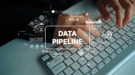 Hands Typing on Keyboard with Data Pipeline Visual Elements and Graphical Analytics Overlays for Technology Concepts. Asymptotic smart data analytic.の写真素材