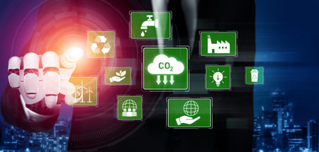 AI supports ESG practices by aligning ESG concept integrates environmental, social, and governance practices to promote sustainability, responsibility, and ethical business development Vouchの写真素材