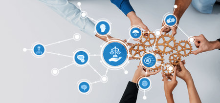 Engaging visual of hands working together, symbolizing teamwork and ethical decision-making. Features gears and icons representing justice, innovation, and collaboration. Amityの写真素材