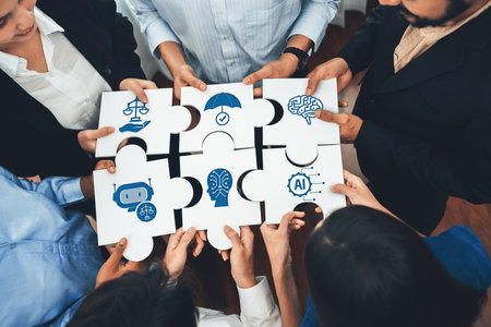 A diverse group showcases collaboration by holding puzzle pieces featuring icons of ethics, technology, and AI, symbolizing teamwork for innovative business solutions. Amityの写真素材