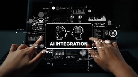 Human Interaction with Artificial Intelligence Integration on a Computer Screen with Data Visualizations and Graphics. Asymptotic smart data analytic.の写真素材
