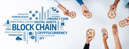 Hands Holding Gears Representing Concepts of Blockchain Technology and Cryptocurrency with Relevant Terms and Ideas Above a Table Surface. Amityの写真素材