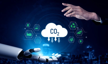 AI helps manage carbon footprint by analyzing emission data, optimizing renewable energy use, and automating sustainable practices to reduce the overall carbon footprint. Vouchの写真素材