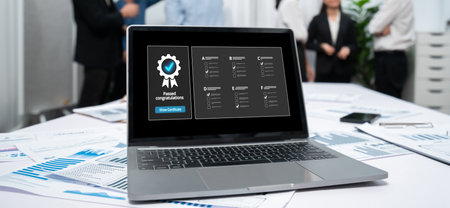 Online product certification, marking a key achievement. Demonstrates commitment to quality and trustworthiness by having product certification passed. briskの写真素材