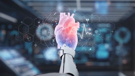 Close up of robotic hand pointing and clicking at heart holographic to access medical data or diagnosis symptom. Robotic hand checking at heart simulation while using AI analyzing symptom. Salubrious.の写真素材