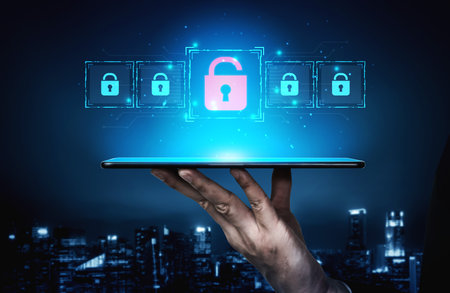 Digital security concept illustrating a cybersecurity breach, with a red unlocked padlock indicating data exposure among secure systems, emphasizing system vulnerability and risk Vouchの写真素材