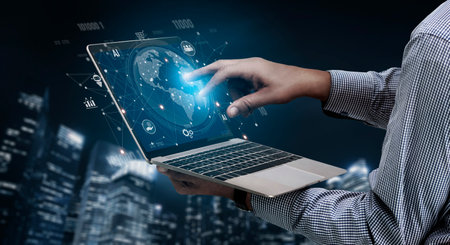 Global AI-powered digital network ecosystem connecting data, finance, analytics, ecommerce, communication, and automation across continents through technology and cloud Vouchの写真素材