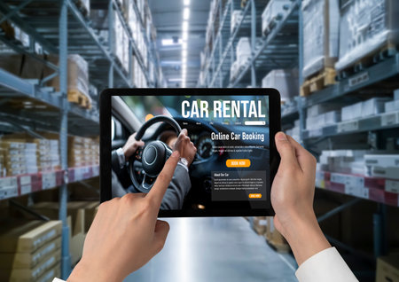 car rental website on computer screen for tourist to rent a car for transportation snuglyの写真素材