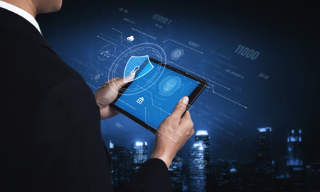 Cyber security interface with biometric and AI-powered protection system. Cyber security secures access, cybersecurity protects identity, cybersecurity detects threats, and defends data. Vouchの写真素材