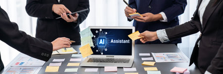 Analyst team use sticky note for creative and analytic brainstorm for business idea with BI data dashboard on laptop screen. Analysis financial data visualization tech for marketing strategy.の写真素材