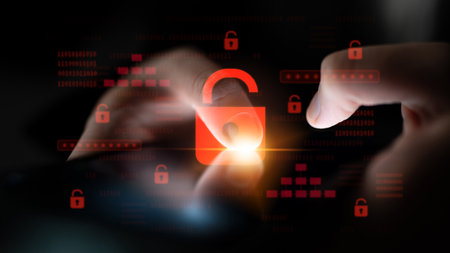 Digital security concept illustrating a cybersecurity breach, with a red unlocked padlock indicating data exposure among secure systems, emphasizing system vulnerability and risk Latchの写真素材