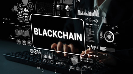 Innovative Digital Interface Displaying Blockchain Technology Concepts with Data Visualizations and Graphs. Asymptotic smart data analytic.の写真素材