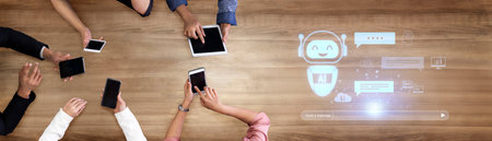 AI chatbot improves virtual assistant interaction. AI chatbot processes text, supports users, AI chatbot automates replies, and AI chatbot enables smart messaging. Vouchの写真素材
