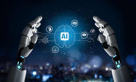 AI Assistant Brain Processor with LLM Technology, Big Data, Machine Learning, Generative AI for Business Support, Future Agentic AI Technology and Artificial Intelligence Prompt Engineering. Vouchの写真素材