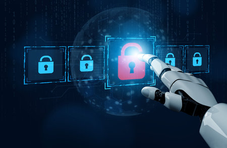 AI system identifies potential data vulnerabilities and alerts for breaches, improving proactive cybersecurity response and digital infrastructure resilience Vouchの写真素材