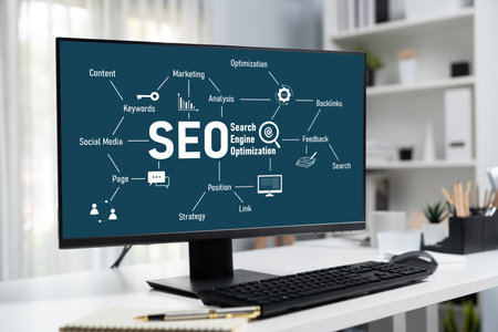 SEO search engine optimization for brisk e-commerce and online retail business showing on computer screenの写真素材