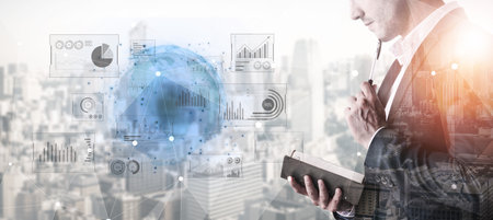 Real-time global data analytics dashboard visualizing insights from interconnected systems for decision-making, business analytics, and digital transformation Vouchの写真素材