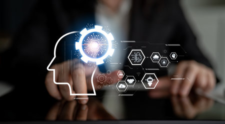 AI integrated with human cognition, supporting decision-making, automation, robotics, data analysis, and secure digital collaboration through intelligent systemsの写真素材