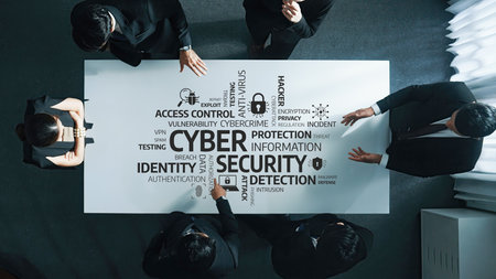 A business team engaged in a discussion about cybersecurity strategies, surrounded by visual elements depicting key security concepts and threats in a modern office environment.の写真素材