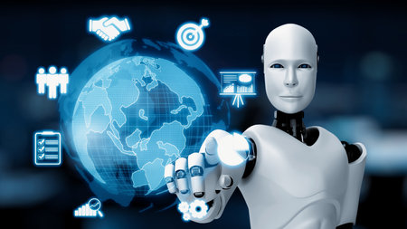 AI enables global marketing with virtual assistant planning, artificial intelligence finance tools, and AI-powered strategies for international success. Kernelの写真素材