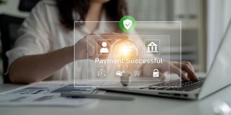 Successful transaction message showing secure payment. Payment confirmed, secured, payment processed, and payment completed with trust and transaction integrity. Latchの写真素材