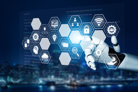 AI managing integrated business system, analyzing data, securing digital infrastructure, connecting intelligent platforms, and optimizing enterprise operations. Vouchの写真素材