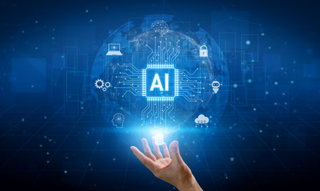 Global AI artificial intelligence transforms AI technology worldwide. Global artificial intelligence connects data, drives AI automation, and artificial intelligence empowers AI innovation. Vouchの写真素材