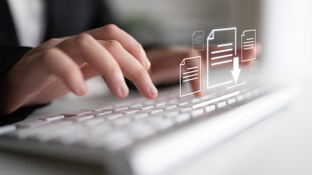 Visual representation of digital document downloading, showing file transfer, data access, and progress status for secure and efficient information retrievalの写真素材