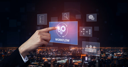 Workflow optimization concept featuring interconnected gears, task management, collaboration, process mapping, review, and automation for business productivity and efficiency Vouchの写真素材