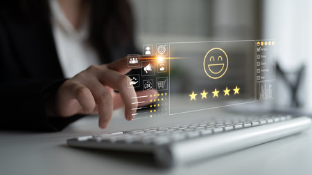 Customer feedback and satisfaction rating system showing star review, happy face, performance score, and service evaluation to improve customer experienceの写真素材