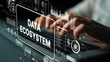 Hands Typing on Keyboard with Digital Data Ecosystem Graphics Displayed in Futuristic Design for Technology Concept. Asymptotic smart data analytic.の写真素材