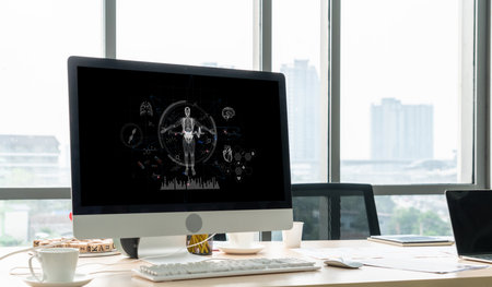 Medical science technology and futuristic healthcare virtual computer software analyze human health and diagnose disease for doctor data and medical research. briskの写真素材
