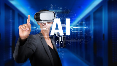 A business professional engages with virtual reality technology, showcasing the intersection of artificial intelligence and immersive experiences in a modern environment.の写真素材