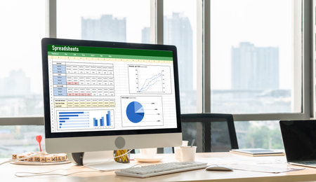 Spreadsheet document information financial startup concept. data and graphs in spreadsheet documents for online analysis project dashboard accounting digital snuglyの写真素材