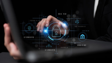 Cybersecurity system interface with biometric lock and data protection. Cybersecurity protects access, identity, cyber security prevents threats, and cyber security supports digital systems. Latchの写真素材
