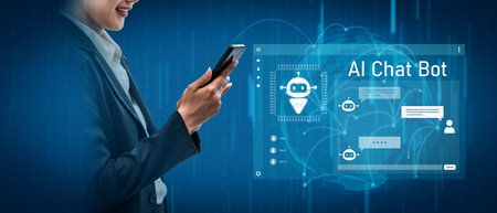 AI chatbot interface facilitates communication, chatbot, and AI interaction for automated user support and information exchange Vouchの写真素材