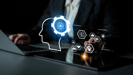 AI integrated with human cognition, supporting decision-making, automation, robotics, data analysis, and secure digital collaboration through intelligent systemsの写真素材