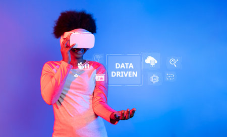A vibrant depiction of a young woman using a VR headset, exemplifying data-driven analytics and visualization concepts in technology. Ideal for digital innovation themes.の写真素材