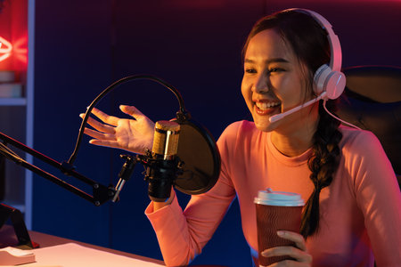 Host channel of creative broadcast listening the music on social media with listeners holding coffee...
