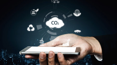 Net zero goals and CO2 reduction strategy driving sustainability, green energy integration, net zero emissions policies, and climate-friendly sustainability solutions for business and society. Muxerの写真素材