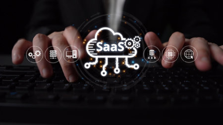 Visual representation of SaaS showing infrastructure, SaaS deployment, SaaS platform features, and SaaS integration model in digital environment. Muxerの写真素材