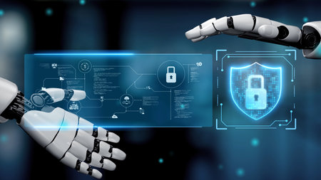 AI strengthens cyber security with artificial intelligence threat detection, AI-based protection layers, and virtual assistant alerts against breaches. Kernelの写真素材