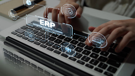 ERP platform visual showing centralized system for enterprise resource planning, improving integration, data flow, business efficiency, finance, inventory, and human resources. Muxerの写真素材