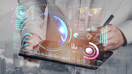 High-tech global network connection interface showing worldwide digital communication, data exchange, and internet connectivity. Global connection, data interaction, and worldwide communication. Thunkの写真素材