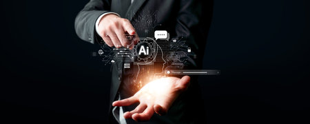 Human interact with AI artificial intelligence virtual assistant chatbot in concept of AI artificial intelligence prompt engineering, LLM AI deep learning to use generative AI for work support. FaaSの写真素材