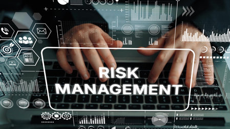 Hands on Keyboard with Digital Risk Management Concept and Graphic Interface Elements for Business Analysis and Strategy Development. Asymptotic smart data analytic.の写真素材