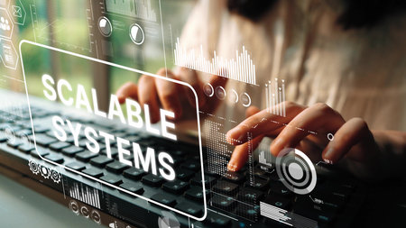 Professional hands typing on keyboard with digital interface displaying scalable systems concept for modern technology and business innovation. Asymptotic smart data analytic.の写真素材