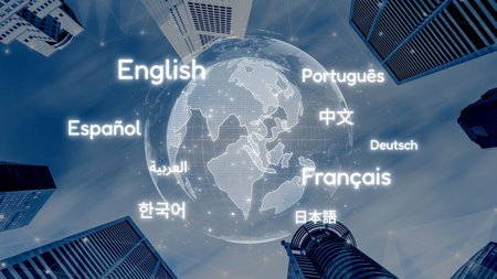 Global communication with multiple languages, digital translation tools, multilingual technology, cross-cultural communication, and virtual language learning environments. Muxerの写真素材