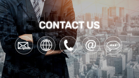 UI concept for contact us section showing icons for email, web, phone, and message. Contact and support icons help streamline business communication and improve customer contact experience. Muxerの写真素材